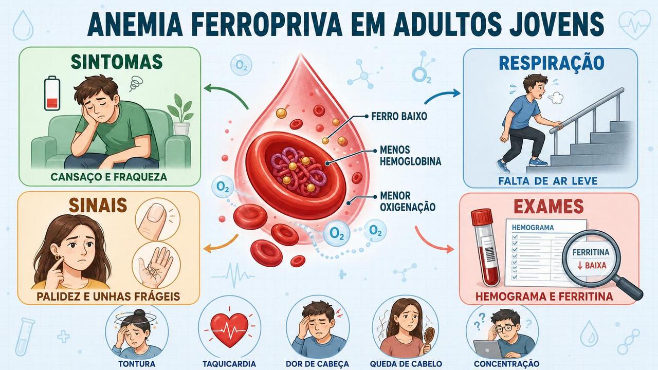 Infográfico resume sintomas, sinais, exames e impacto respiratório da anemia ferropriva.