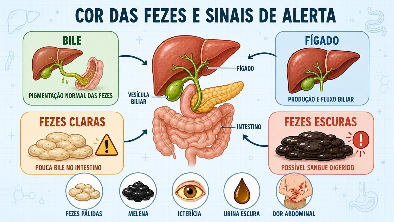 Infográfico resume bile, fígado, fezes claras, fezes escuras e sinais de alerta.