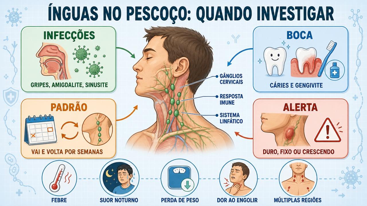 Infográfico resume causas, padrão recorrente e sinais de alerta das ínguas cervicais.