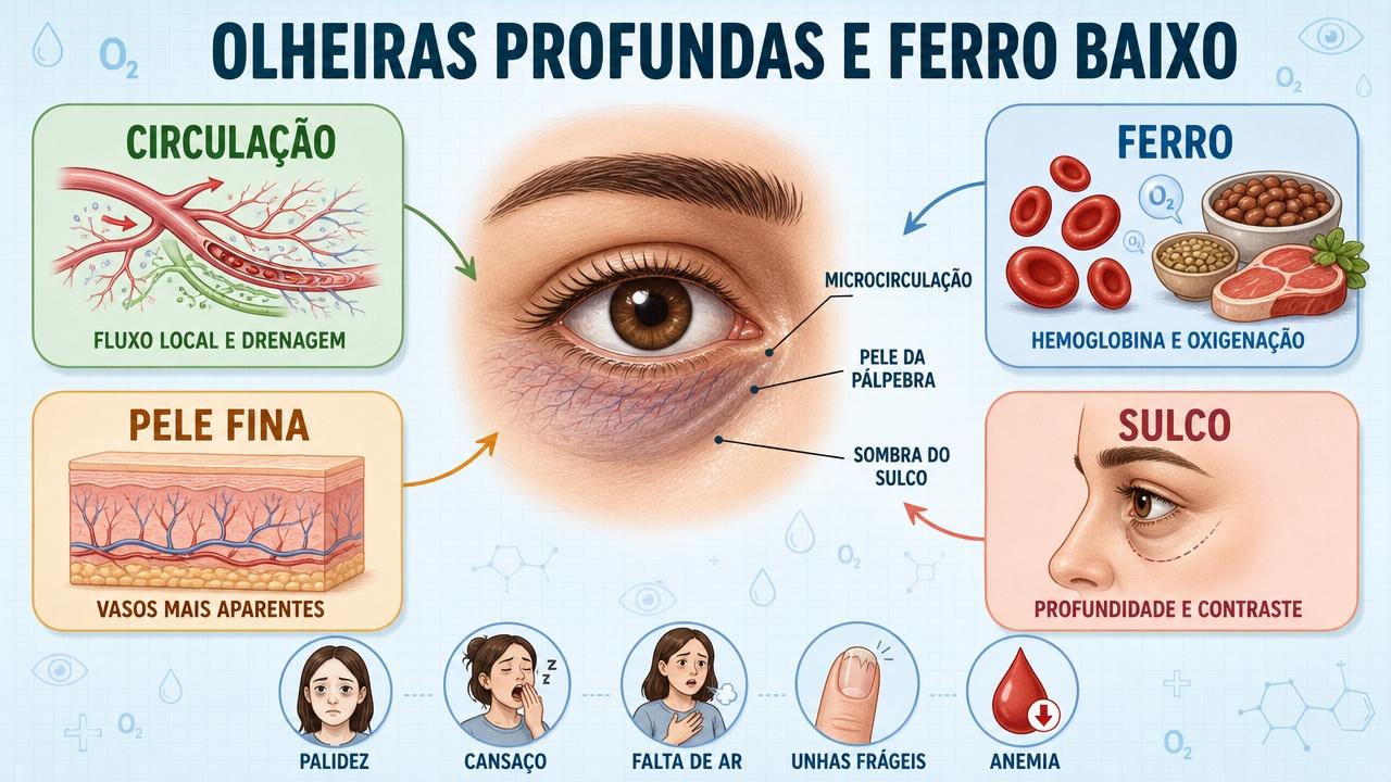 Infográfico mostra circulação, ferro, pele fina e sulco profundo nas olheiras.