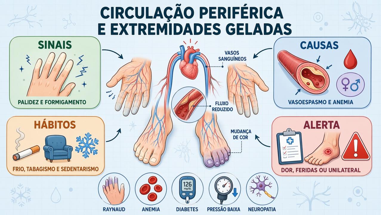 Infográfico resume sinais, causas, hábitos agravantes e alertas da má circulação.