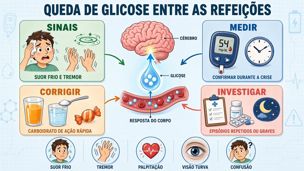 Infográfico resume sinais, confirmação, correção imediata e investigação da hipoglicemia.