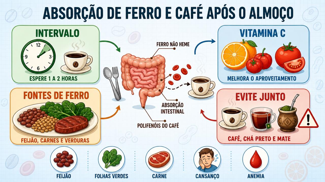 Infográfico mostra intervalo, vitamina C, fontes de ferro e bebidas a evitar.