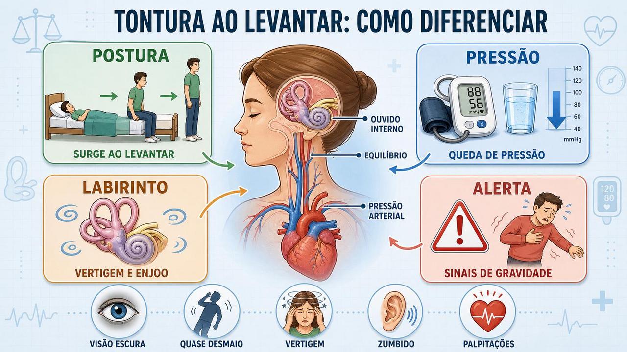 Infográfico resume postura, pressão, labirinto e sinais de alerta na tontura.