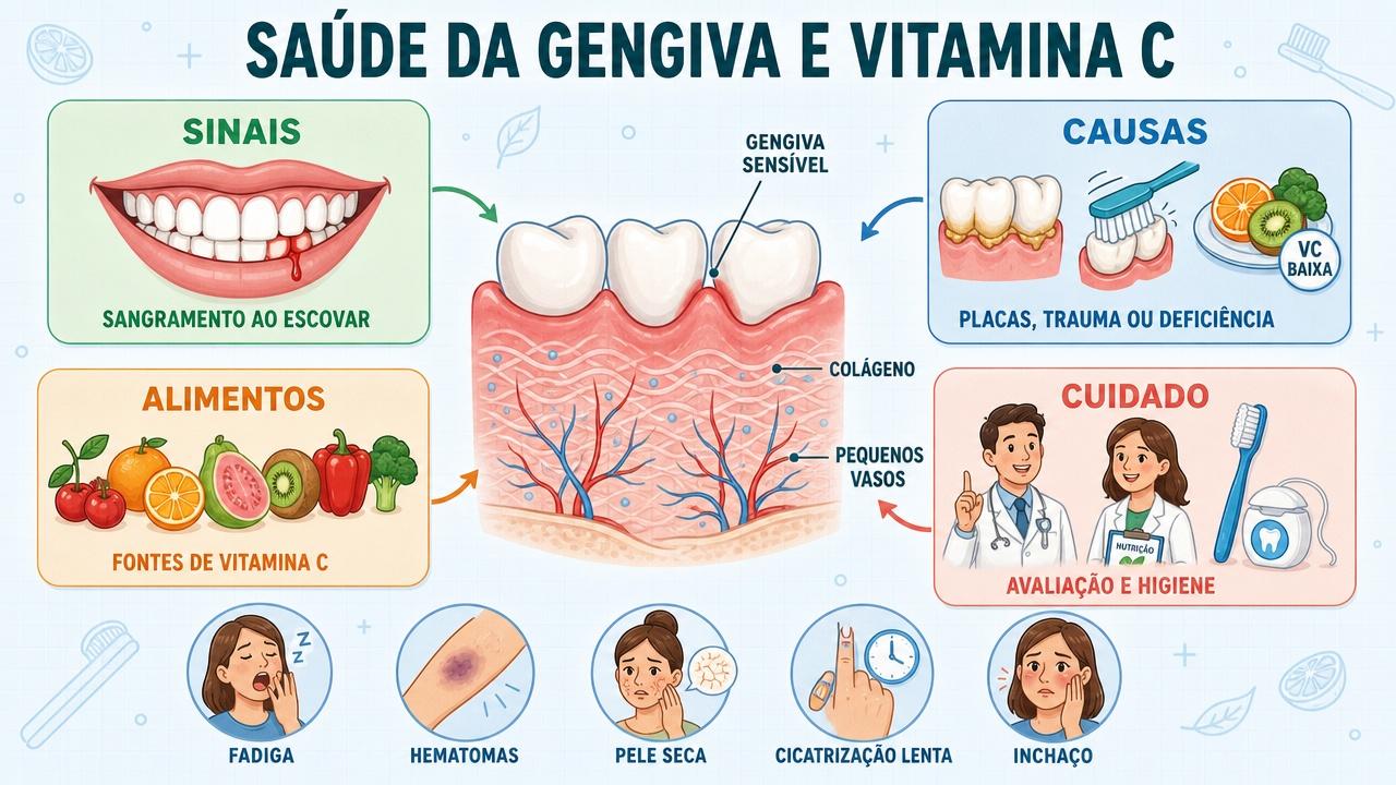 Infográfico mostra sinais, causas, alimentos e cuidados para proteger a gengiva.