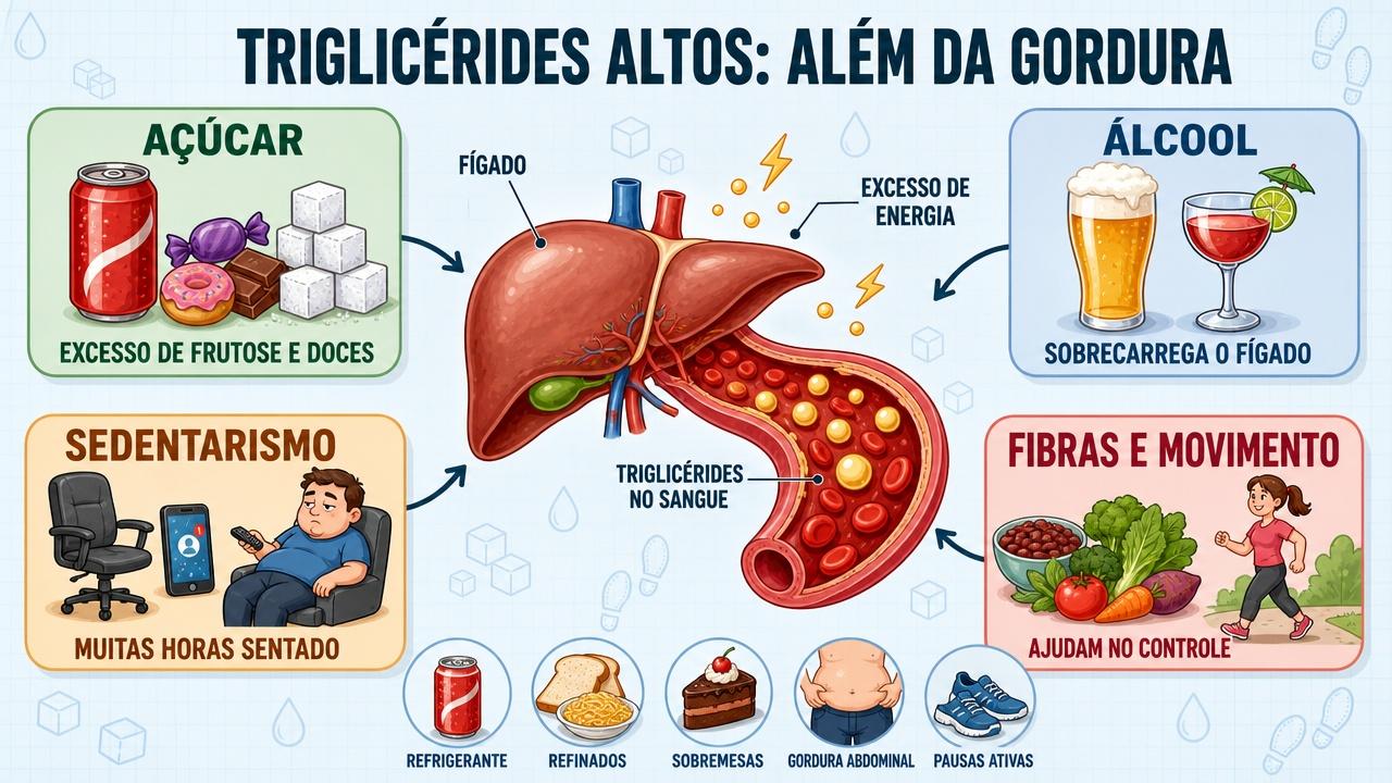 Infográfico resume fatores que elevam triglicérides e hábitos que ajudam no controle.