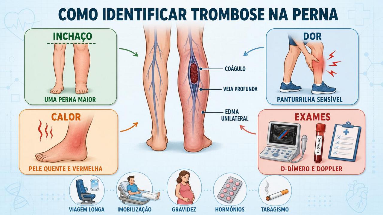 Quatro sinais centrais e fatores de risco ajudam a suspeitar de trombose.