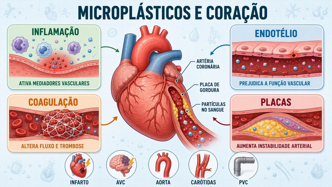 Infográfico resume inflamação, endotélio, coagulação e placas na saúde cardiovascular.
