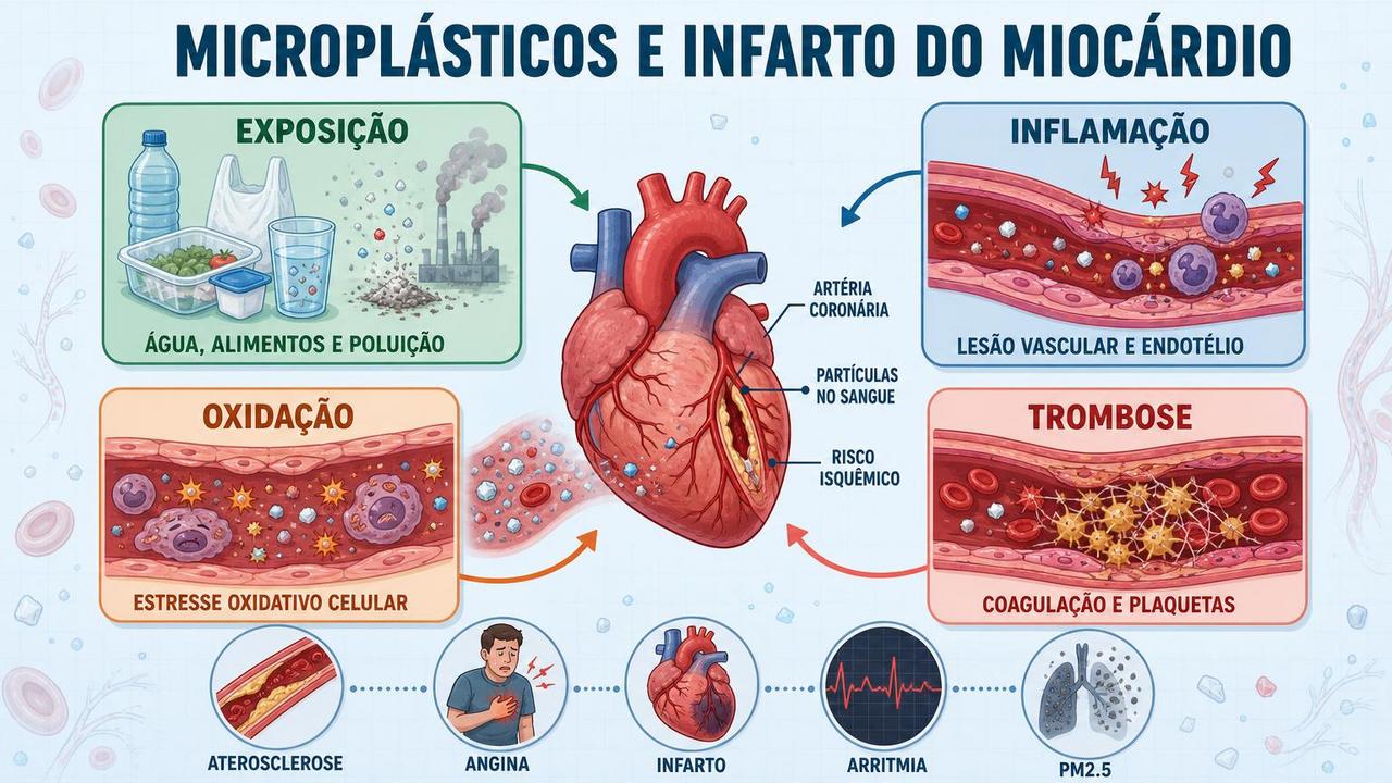 Infográfico resume exposição, inflamação, oxidação e trombose no contexto coronariano.