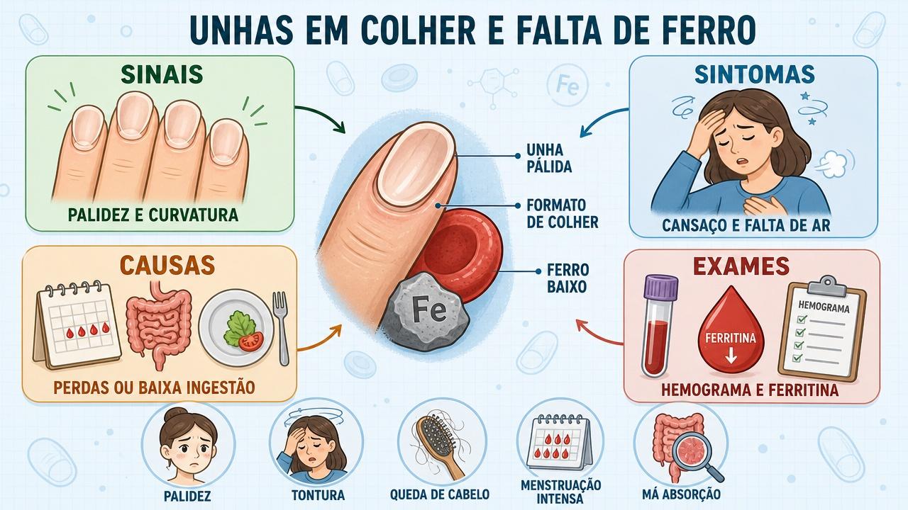 Infográfico resume sinais, sintomas, causas e exames ligados à anemia ferropriva.