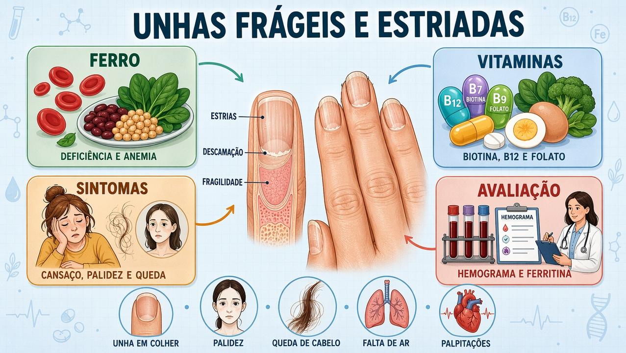Ferro, vitaminas, sintomas e exames ajudam a investigar unhas frágeis.