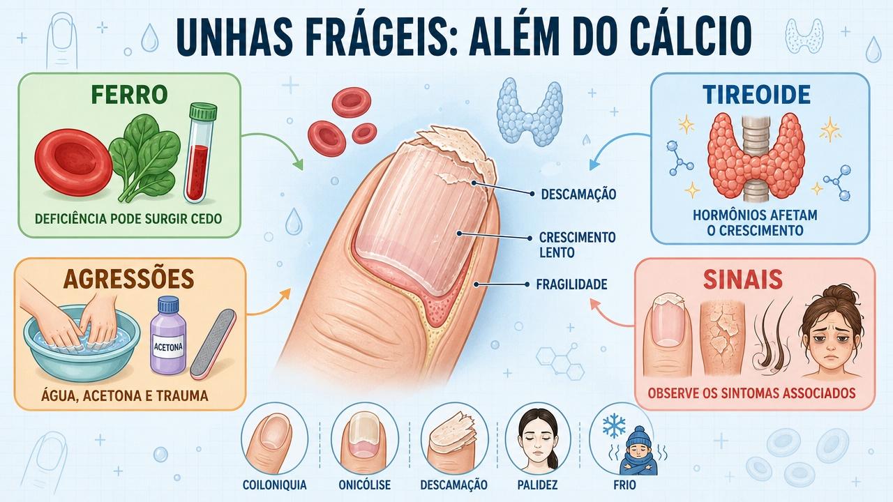 Infográfico resume ferro, tireoide, agressões externas e sinais associados nas unhas.