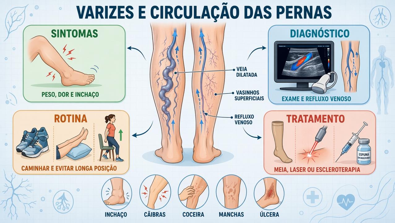 Sintomas, diagnóstico, rotina e tratamento orientam o cuidado com varizes.