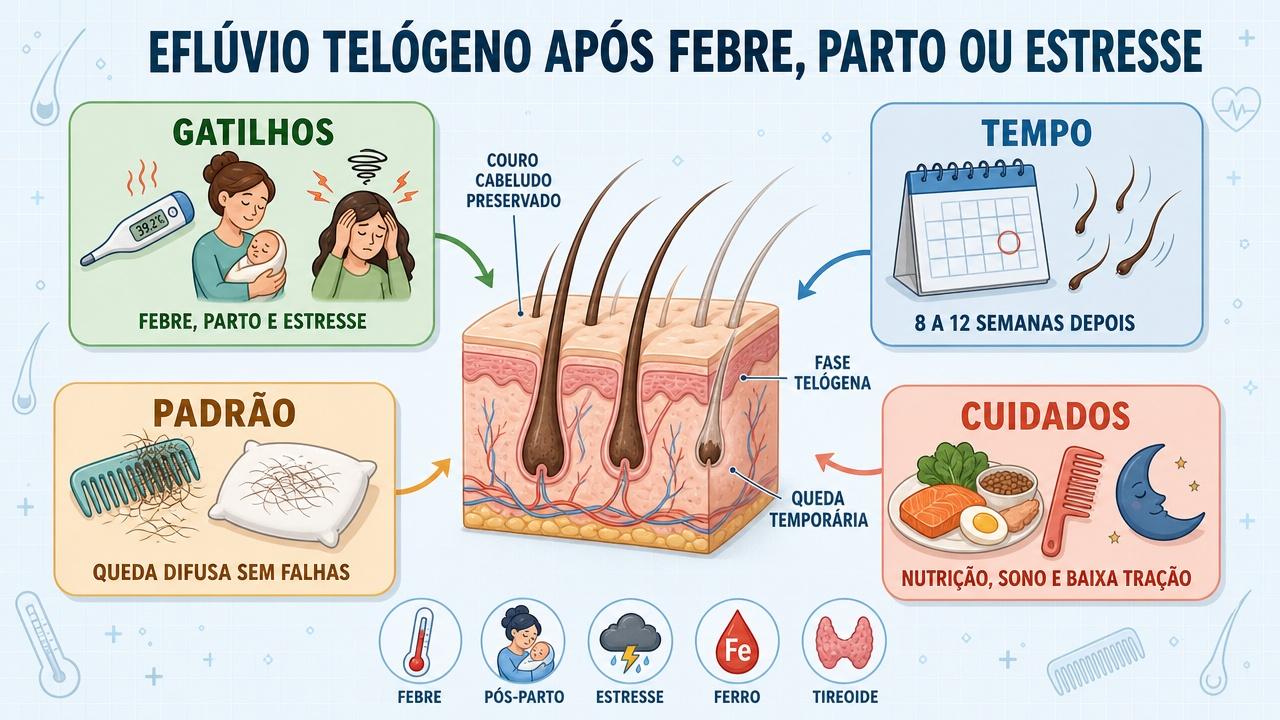 Infográfico resume gatilhos, tempo, padrão e cuidados no eflúvio telógeno.