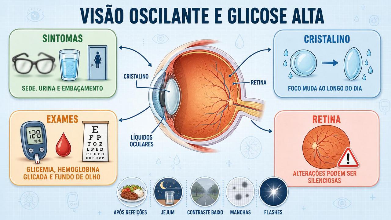 Infográfico resume sintomas, cristalino, exames e retina na visão oscilante.