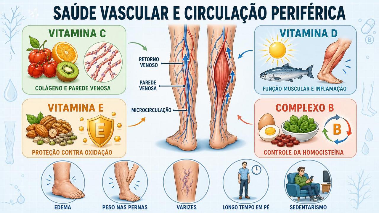 Os quatro pilares vitamínicos apoiam vasos, retorno venoso e prevenção de varizes.