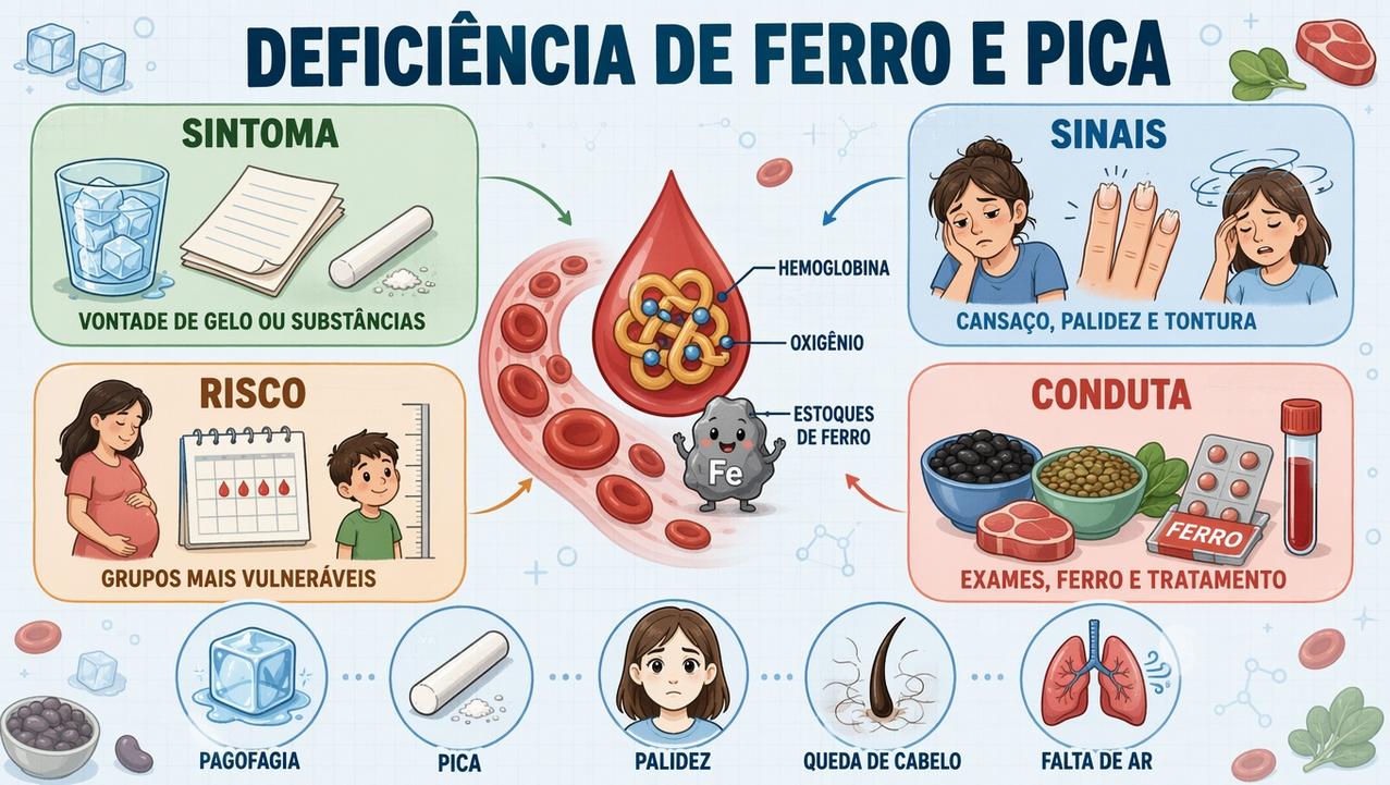 Infográfico resume sintomas, riscos, investigação e tratamento da deficiência de ferro.