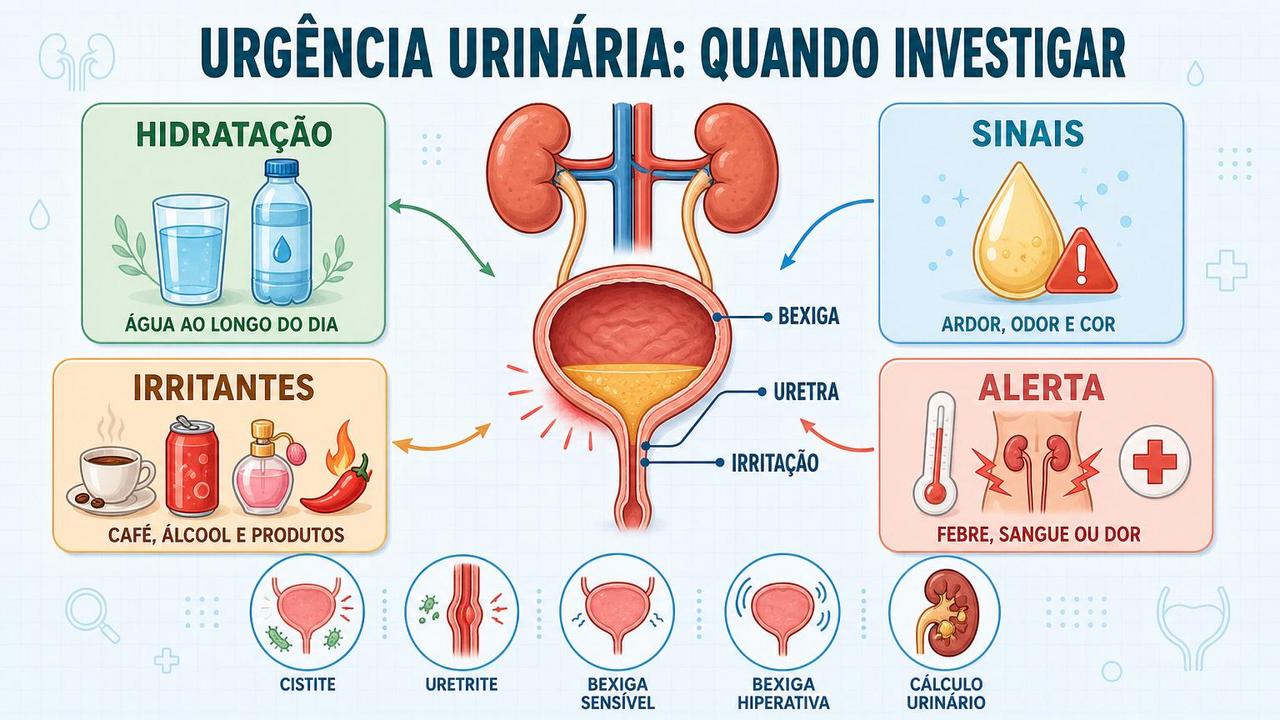 Infográfico resume sinais, irritantes, hidratação e alertas da urgência urinária.