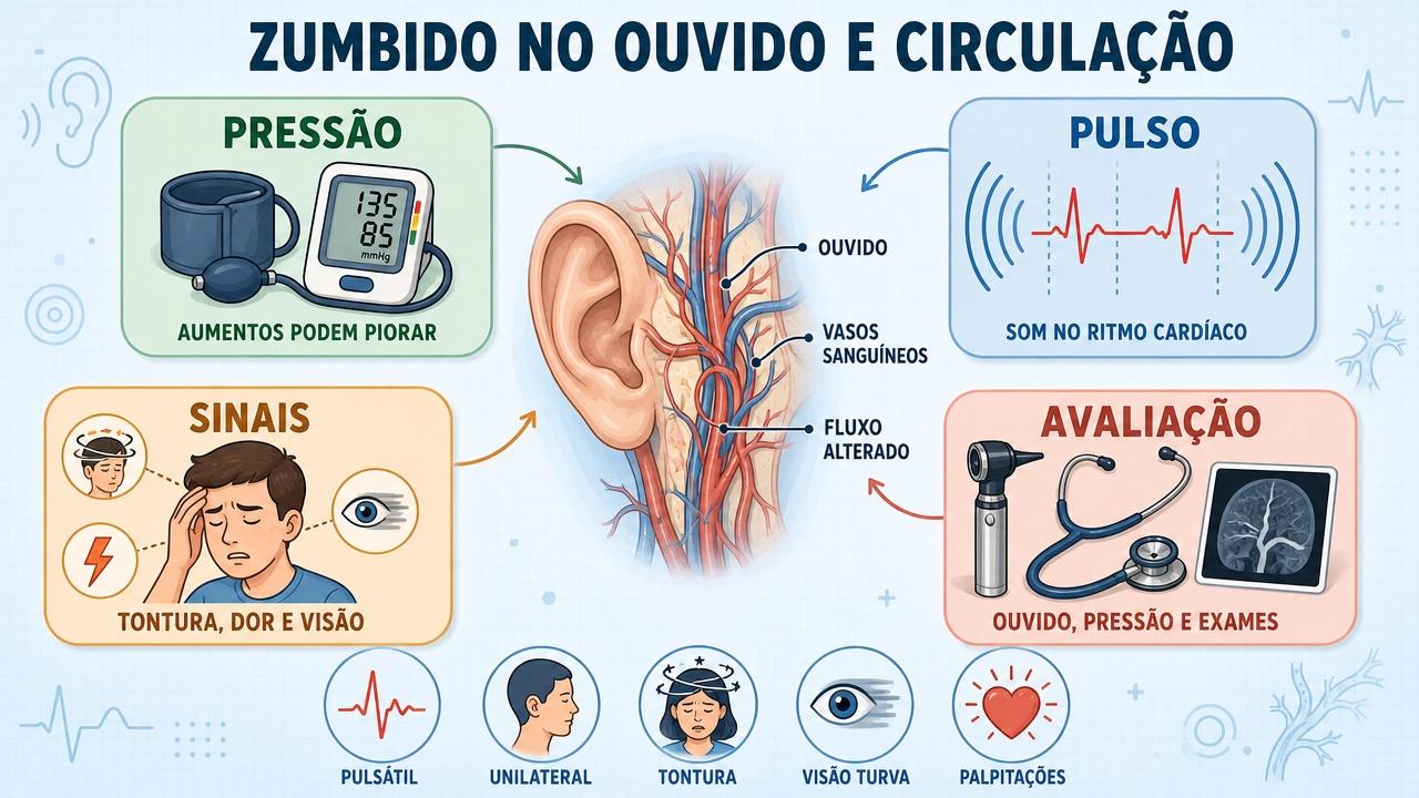 Infográfico resume pressão, pulso, sinais associados e investigação clínica do zumbido.