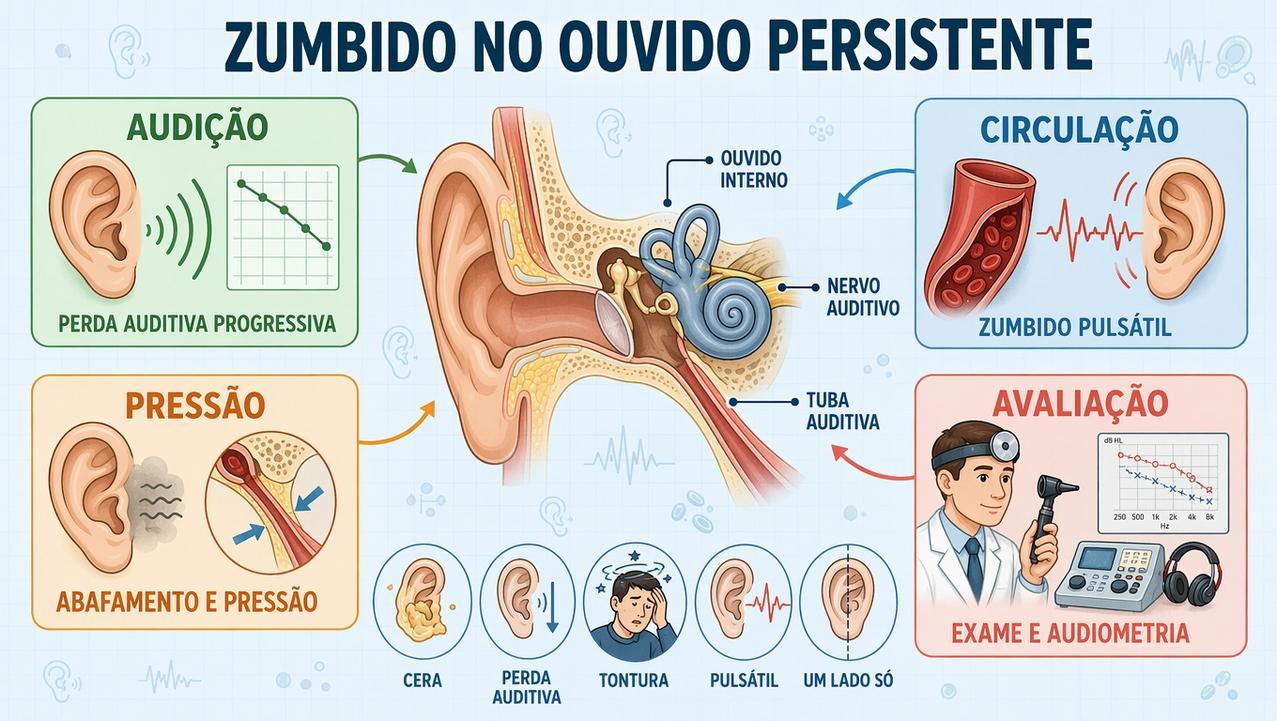 Audição, circulação, pressão e avaliação médica orientam a investigação do zumbido.