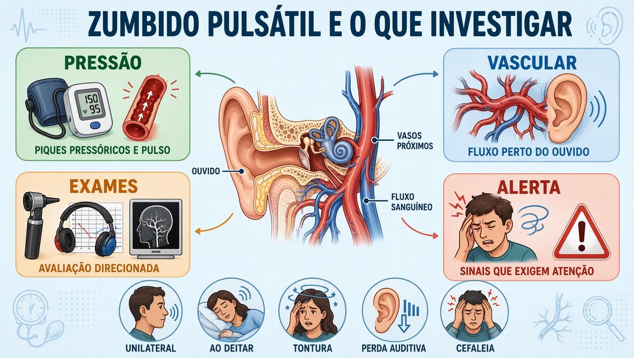 Infográfico mostra pressão, causas vasculares, exames e sinais de alerta.