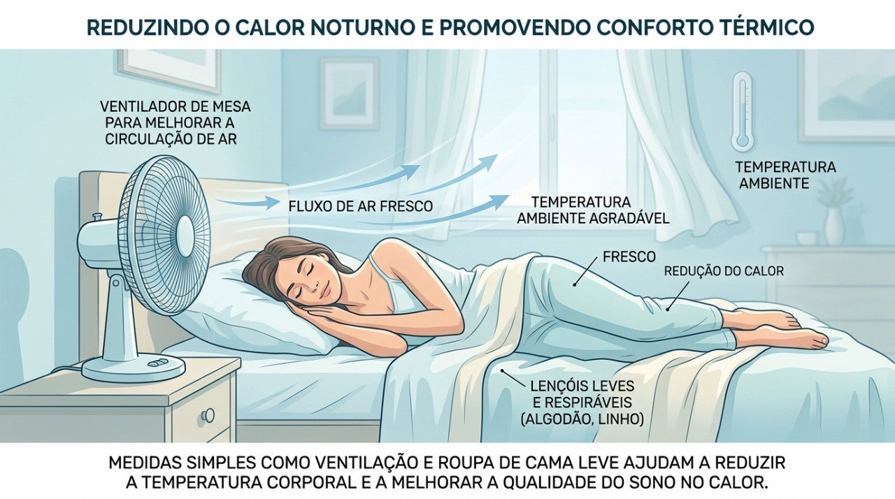 Um ambiente fresco e roupas de cama leves podem ajudar a reduzir o desconforto das ondas de calor à noite.