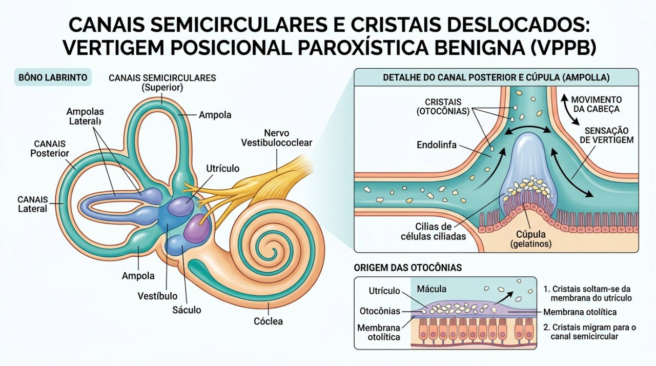 Cristais deslocados no ouvido interno podem provocar vertigem quando a cabeça muda de posição.