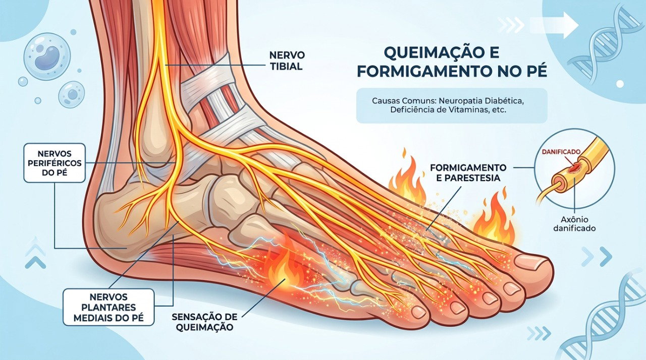 Alterações nos nervos periféricos podem causar queimação, formigamento, choques e perda de sensibilidade nos pés.