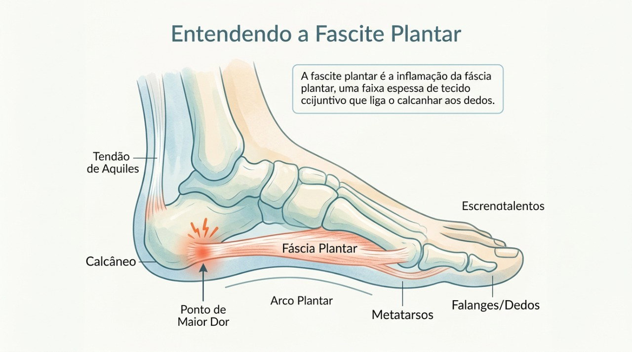 A fáscia plantar pode ficar dolorida e provocar incômodo intenso ao apoiar o pé após períodos de repouso.