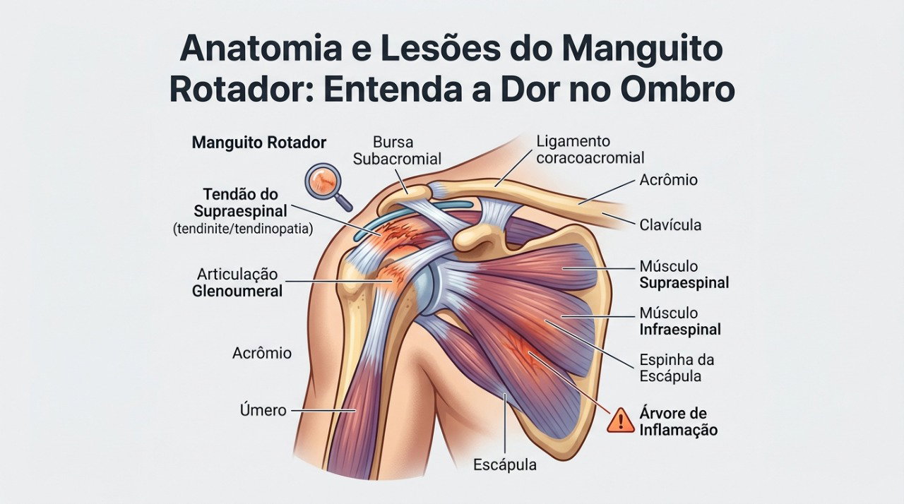 Alterações nos tendões do manguito rotador podem causar dor, fraqueza e limitação ao elevar o braço.