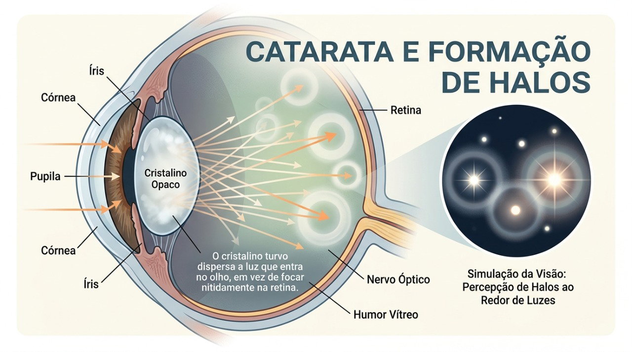 Quando o cristalino perde transparência, a luz pode se espalhar e causar halos, ofuscamento e visão embaçada.
