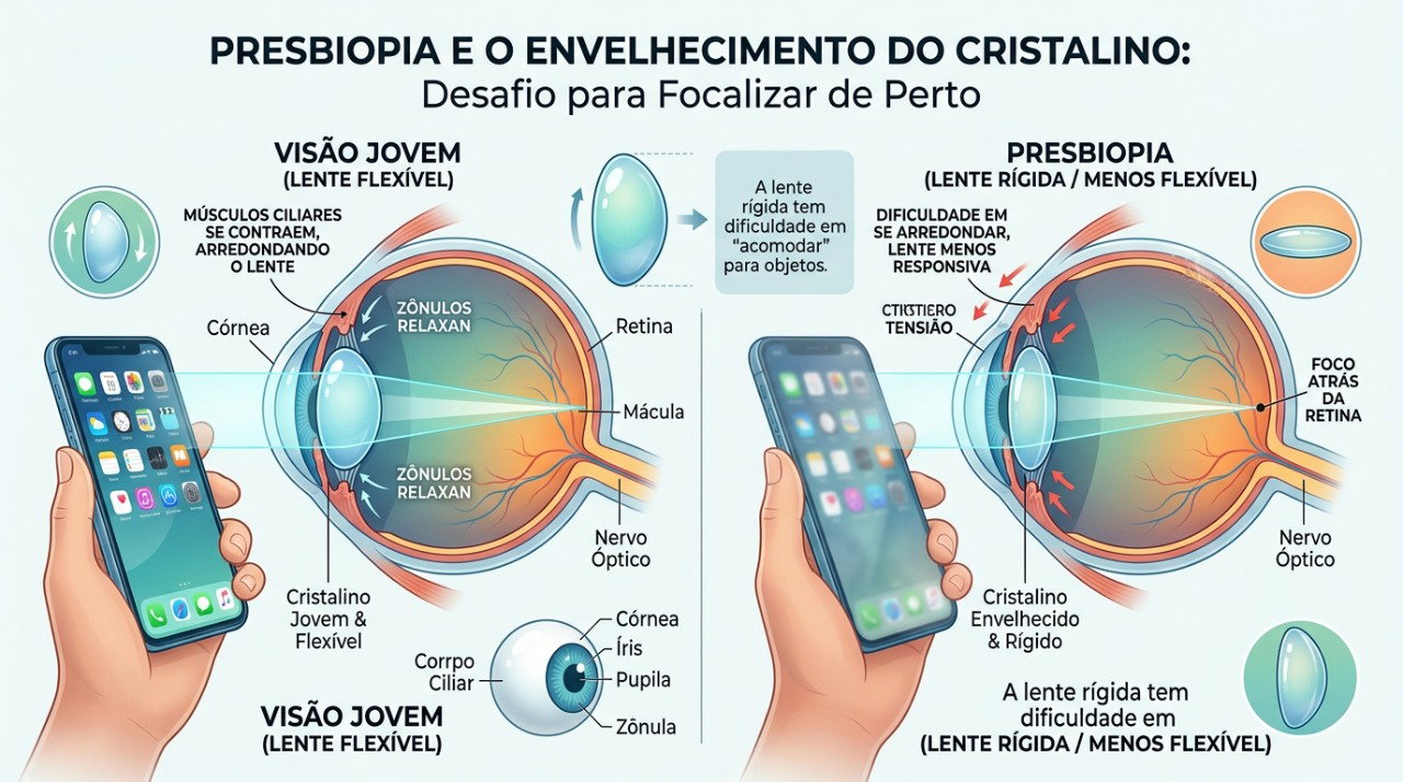 Na presbiopia, o cristalino perde flexibilidade e o olho passa a ter mais dificuldade para focar objetos próximos.
