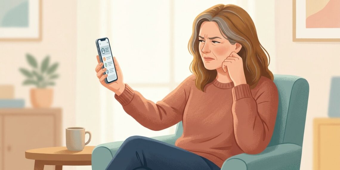 A necessidade de afastar o celular para ler pode ser um sinal comum de presbiopia após os 40 anos.