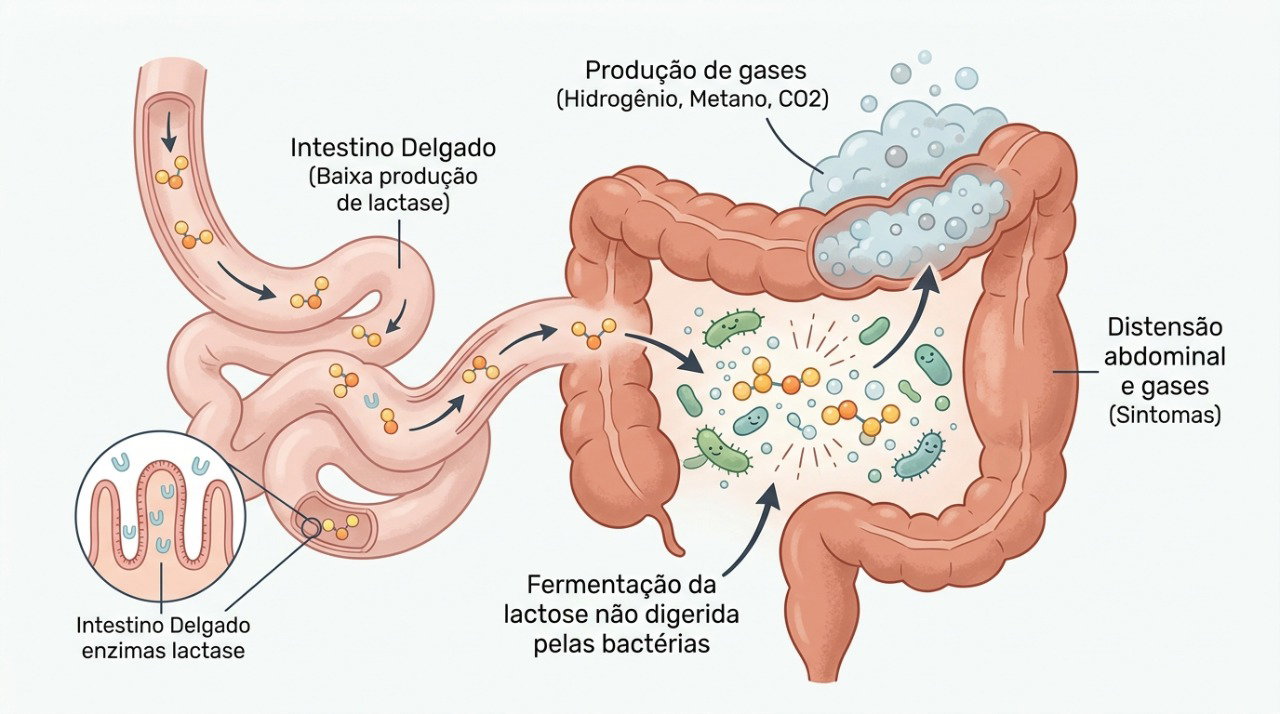 A lactose não digerida pode ser fermentada no intestino e provocar gases, distensão e desconforto abdominal.