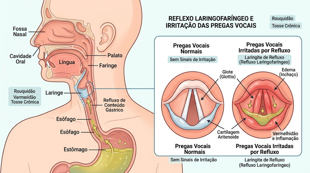 O refluxo pode alcançar a garganta e irritar a laringe, favorecendo rouquidão, pigarro e tosse.