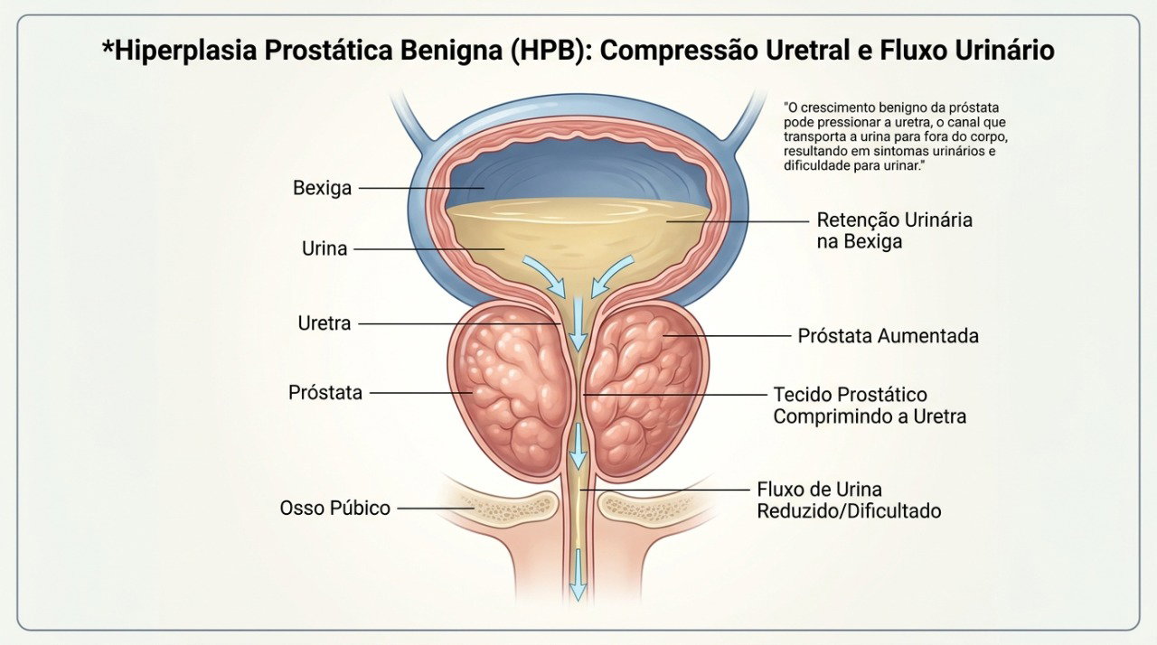 O aumento benigno da próstata pode comprimir a uretra e dificultar o esvaziamento da bexiga.