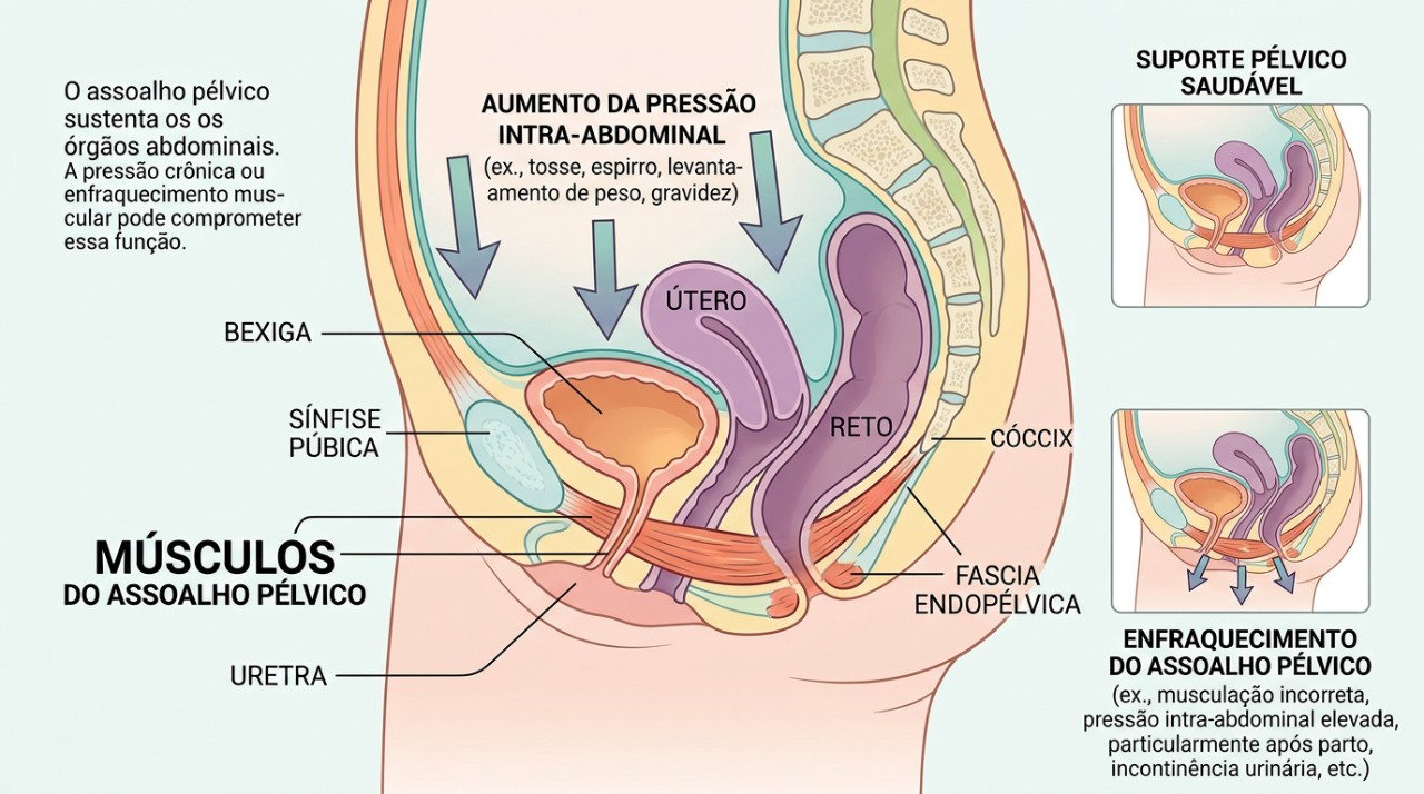 O enfraquecimento do assoalho pélvico pode facilitar a perda de urina durante tosse, espirro ou esforço.