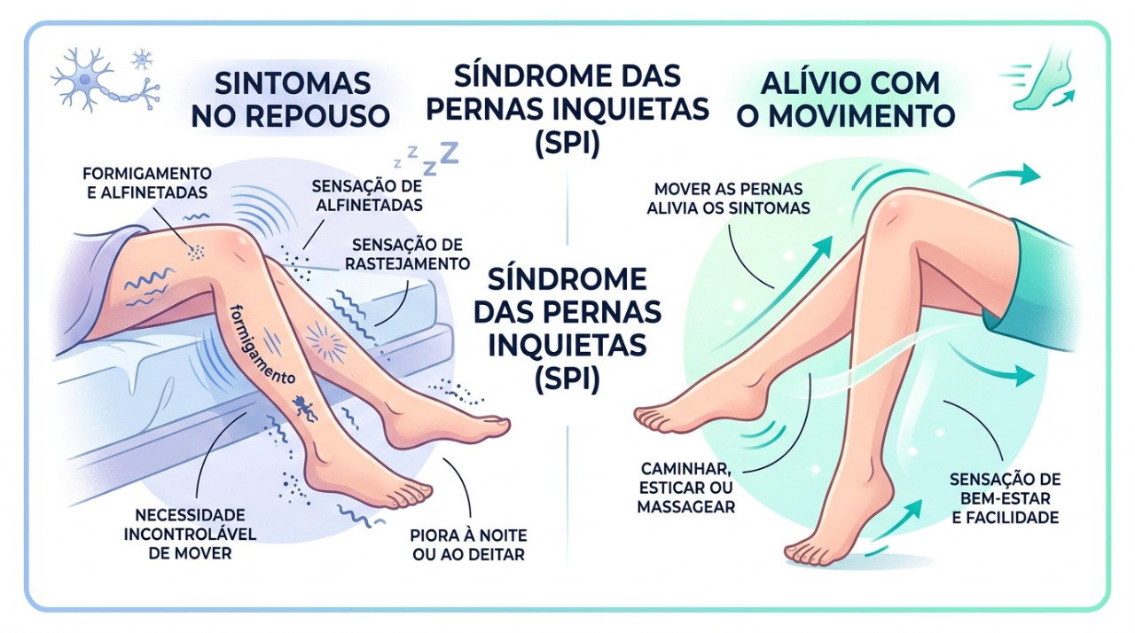 O movimento pode aliviar temporariamente o desconforto característico da síndrome das pernas inquietas.