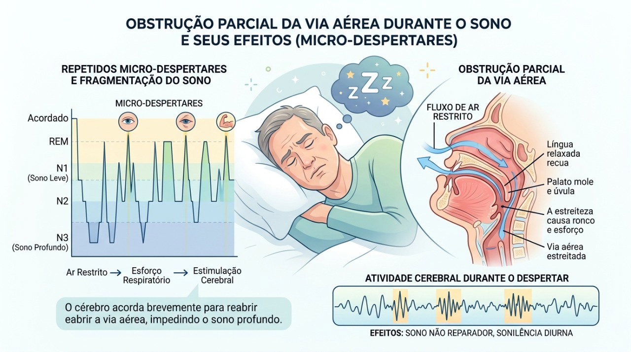 Na apneia do sono, interrupções repetidas da respiração podem fragmentar o descanso e favorecer sonolência durante o dia.
