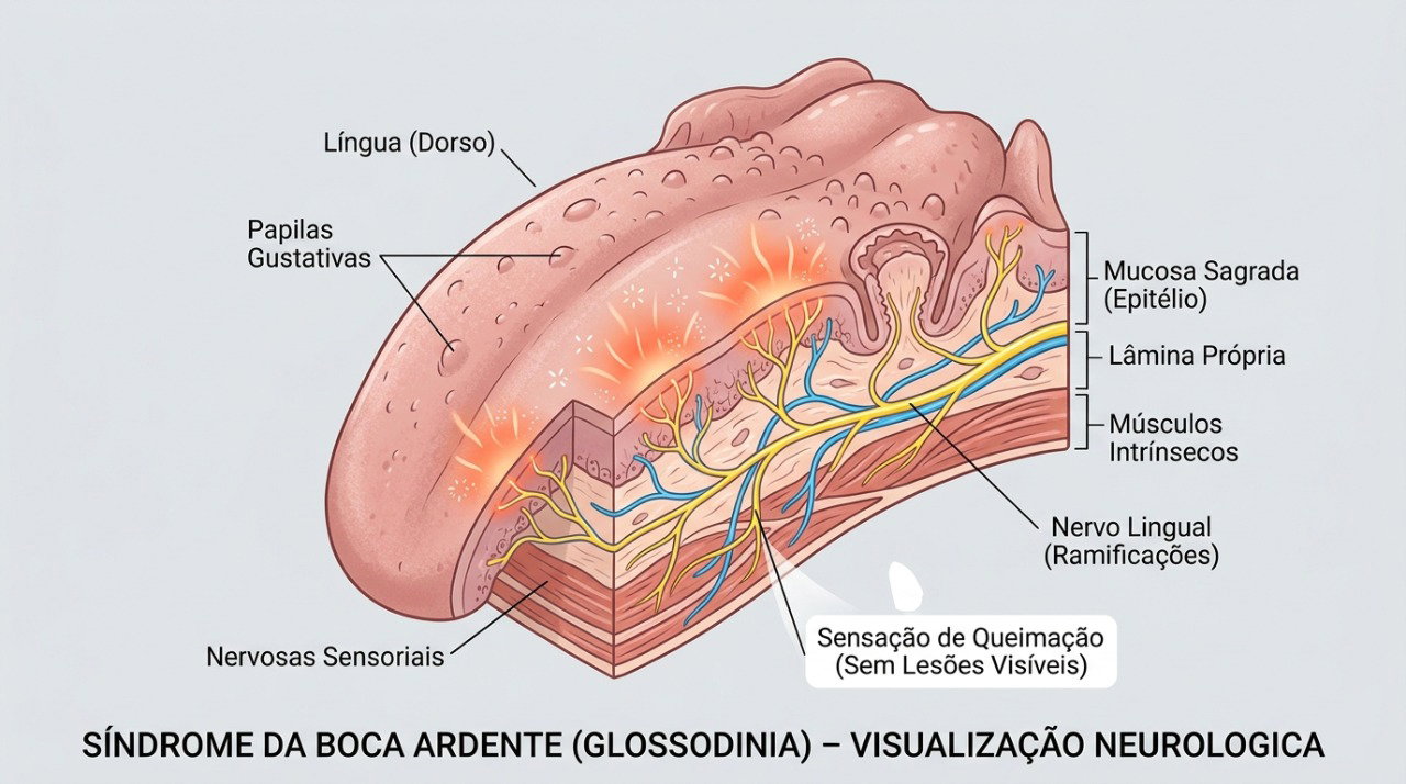 A síndrome da boca ardente pode causar queimação, formigamento e alterações do paladar sem lesões aparentes.