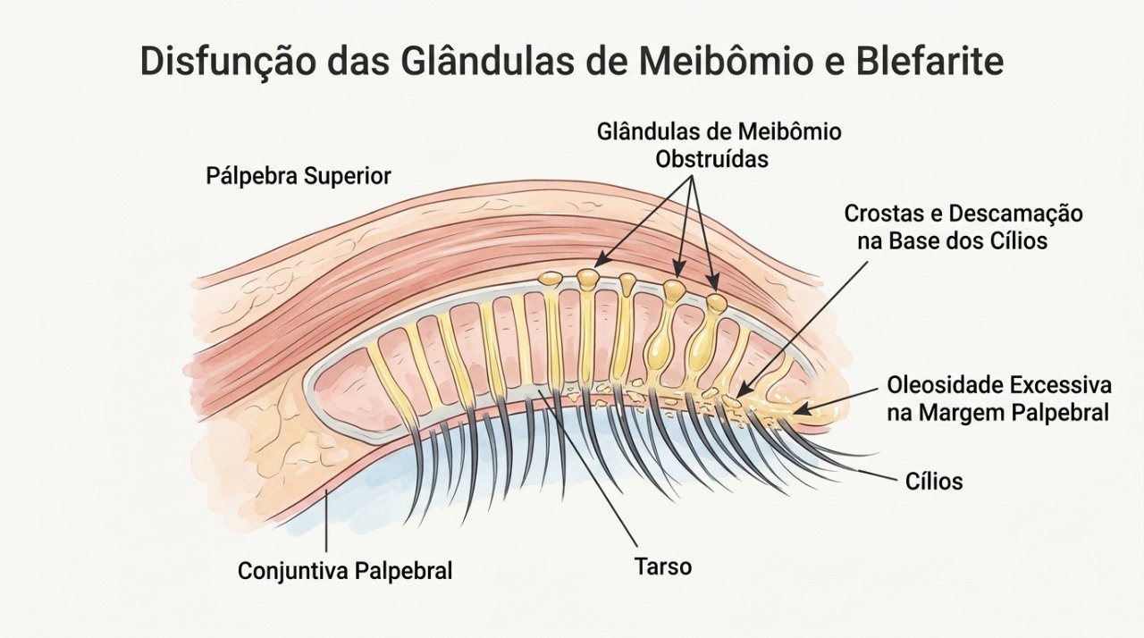 Na blefarite, oleosidade, descamação e inflamação podem se acumular na borda das pálpebras e formar crostas nos cílios.