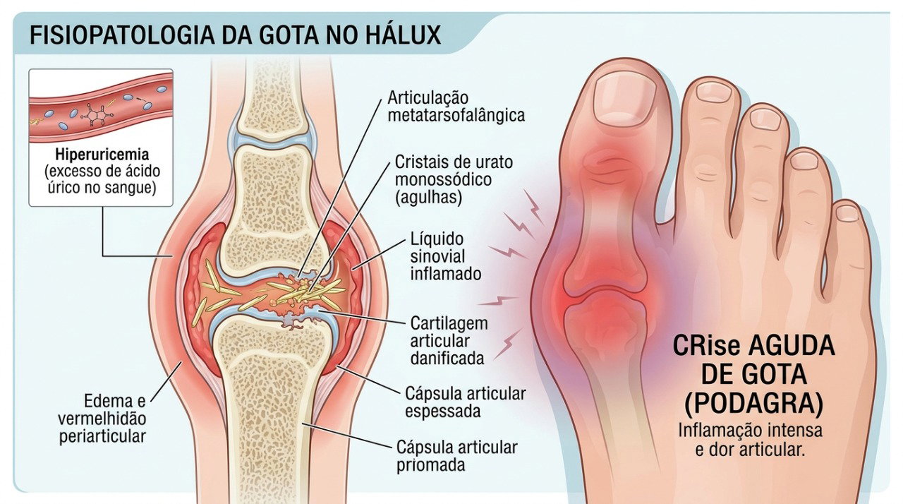 Cristais de urato podem se acumular na articulação do dedão e desencadear inflamação intensa.