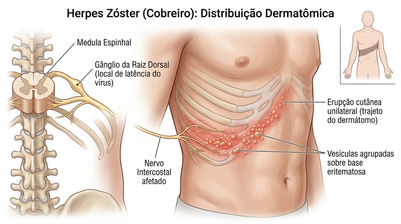 As lesões do herpes-zóster costumam acompanhar o trajeto de um nervo e aparecer de um lado do corpo.