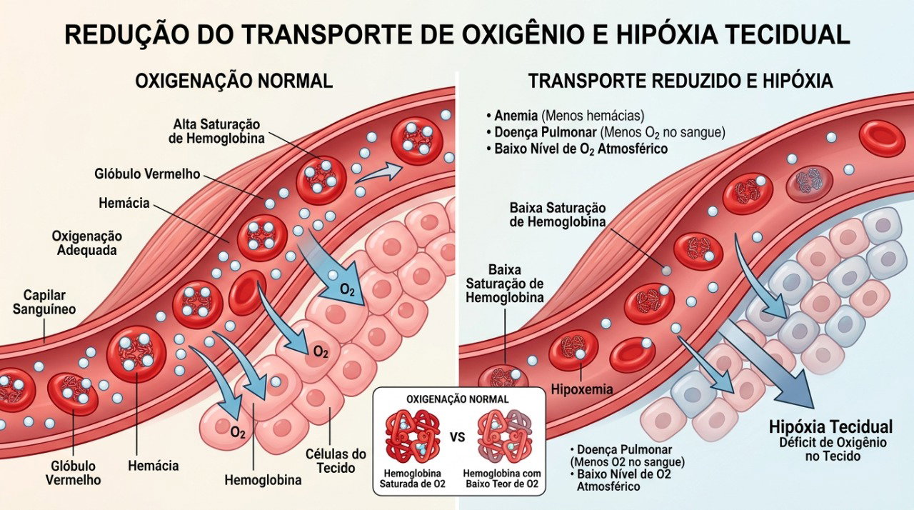Na anemia, a redução da hemoglobina pode diminuir o transporte de oxigênio para os tecidos.