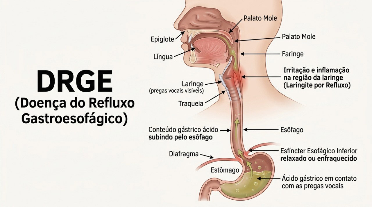 O refluxo pode alcançar regiões mais altas e irritar a garganta e a laringe.