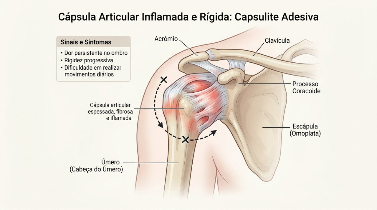 Na capsulite adesiva, a cápsula do ombro fica rígida e pode limitar progressivamente os movimentos.