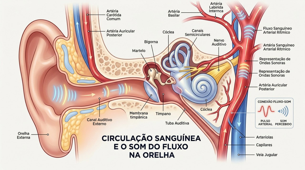 O zumbido pulsante pode estar relacionado a sons gerados pelo fluxo sanguíneo próximo ao ouvido.