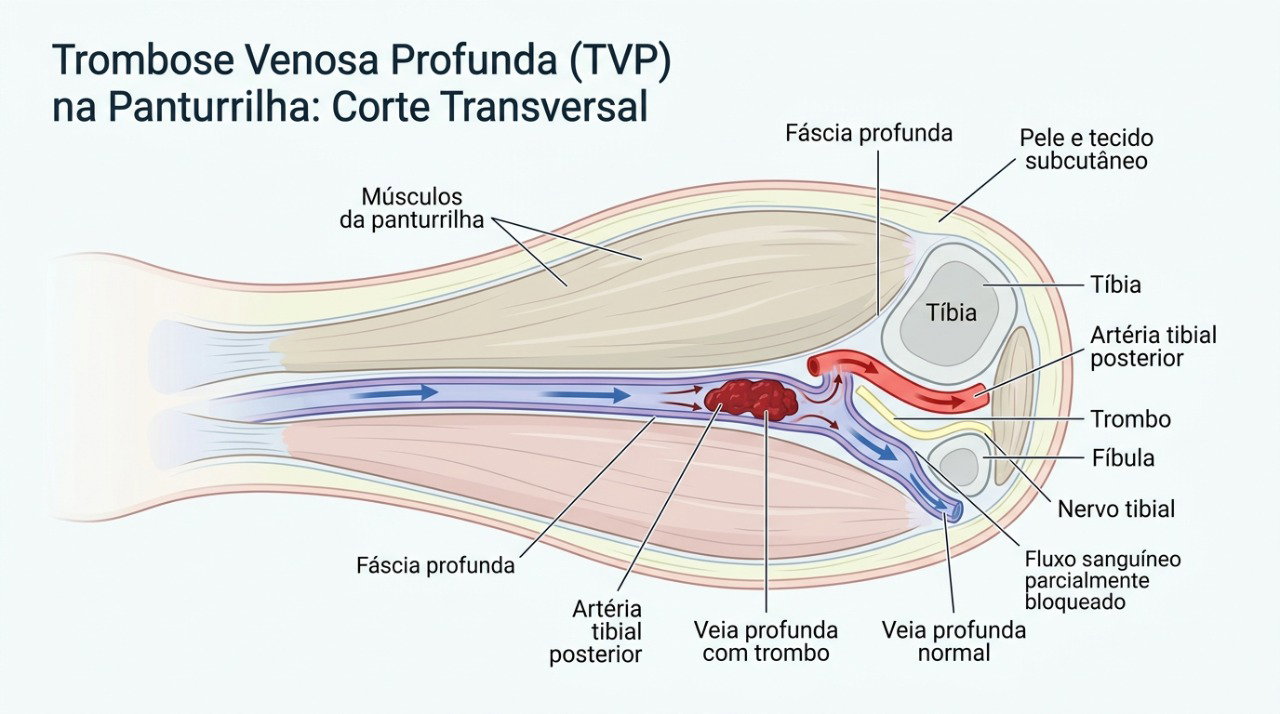 Coágulos em veias profundas da perna podem bloquear parcialmente o fluxo sanguíneo.