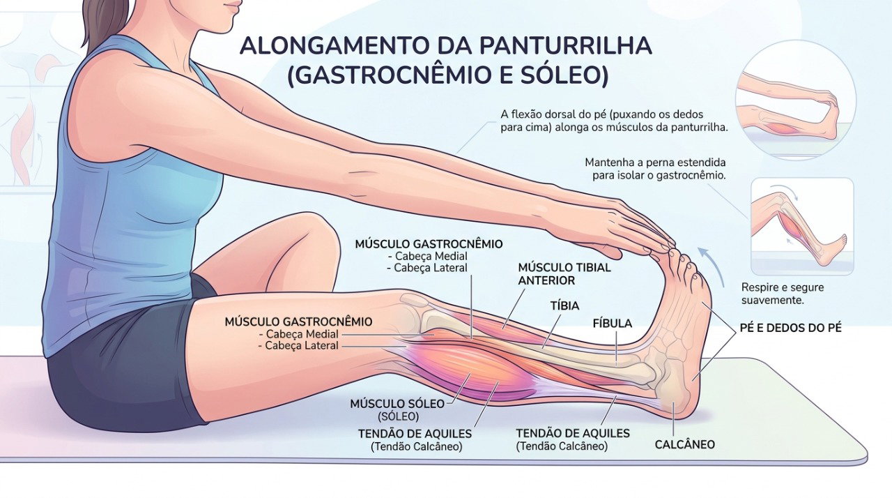 Alongar suavemente a panturrilha pode ajudar durante a cãibra e antes de dormir.