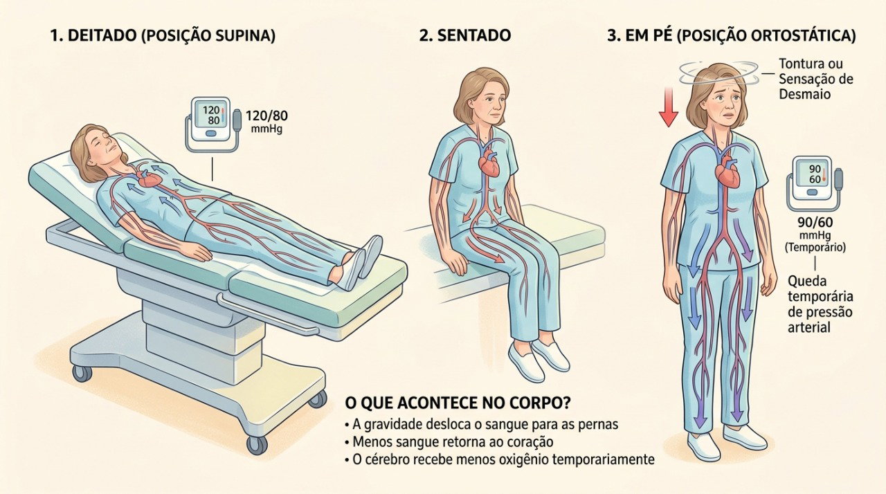 A hipotensão postural pode causar tontura e visão turva logo após ficar em pé.